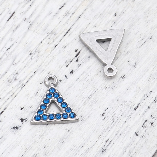 Picture of 304 Stainless Steel Charms Triangle Silver Tone Dark Blue Rhinestone 15mm x 13mm, 2 PCs