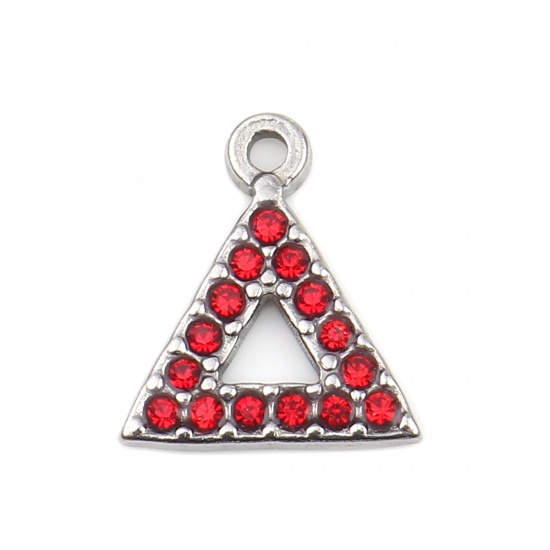 Picture of 304 Stainless Steel Charms Triangle Silver Tone Red Rhinestone 15mm x 13mm, 2 PCs