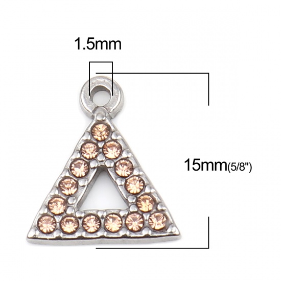 Picture of 304 Stainless Steel Charms Triangle Silver Tone Light Orange Rhinestone 15mm x 13mm, 2 PCs
