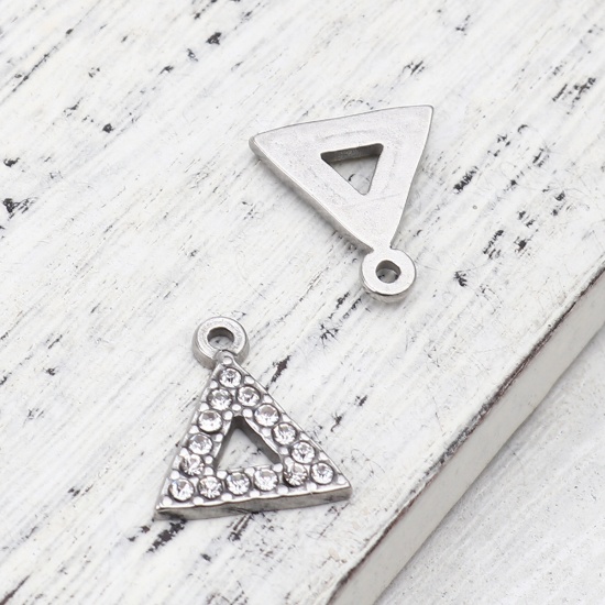 Picture of 304 Stainless Steel Charms Triangle Silver Tone Clear Rhinestone 15mm x 13mm, 2 PCs