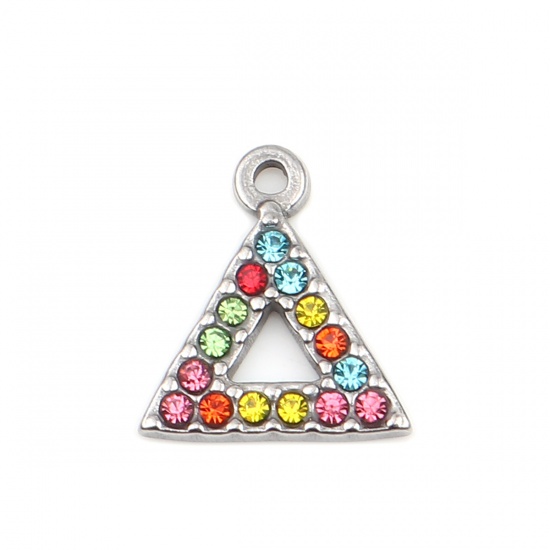 Picture of 304 Stainless Steel Charms Triangle Silver Tone Multicolor Rhinestone 15mm x 13mm, 2 PCs
