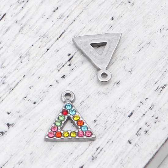 Picture of 304 Stainless Steel Charms Triangle Silver Tone Multicolor Rhinestone 15mm x 13mm, 2 PCs