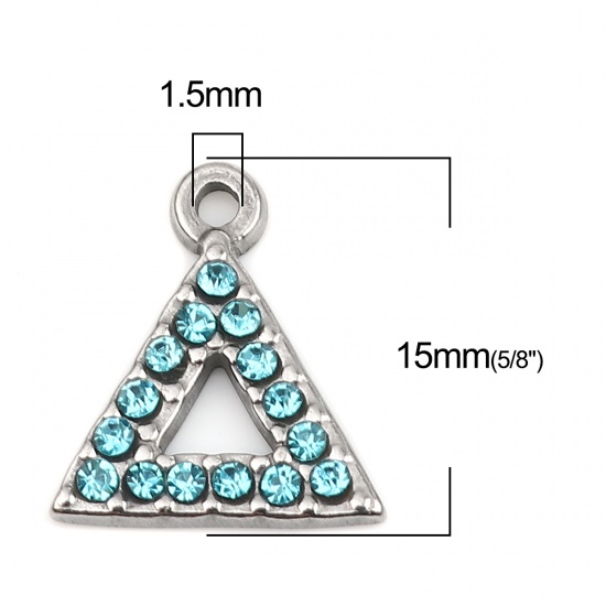 Picture of 304 Stainless Steel Charms Triangle Silver Tone Light Blue Rhinestone 15mm x 13mm, 2 PCs