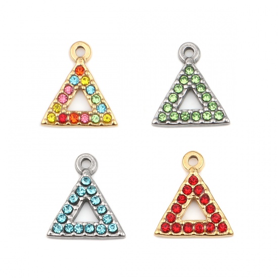 Picture of 304 Stainless Steel Charms Triangle Silver Tone Light Blue Rhinestone 15mm x 13mm, 2 PCs