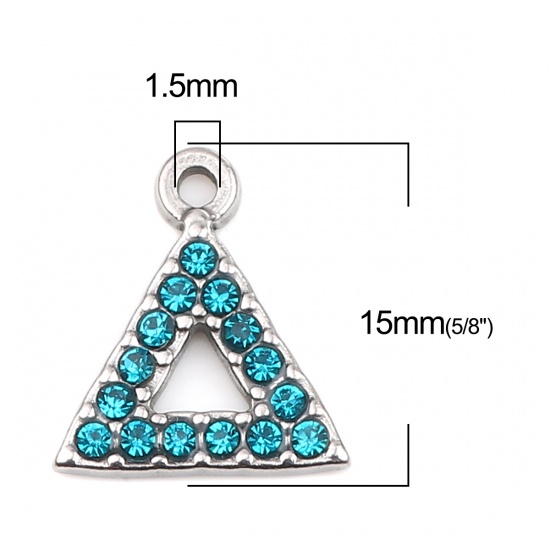 Picture of 304 Stainless Steel Charms Triangle Silver Tone Lake Blue Rhinestone 15mm x 13mm, 2 PCs