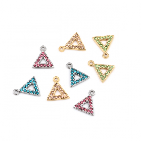 Picture of 304 Stainless Steel Charms Triangle Silver Tone Lake Blue Rhinestone 15mm x 13mm, 2 PCs