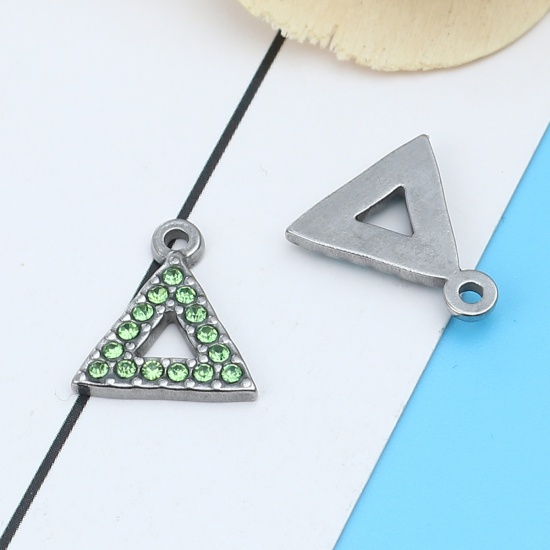 Picture of 304 Stainless Steel Charms Triangle Silver Tone Green Rhinestone 15mm x 13mm, 2 PCs