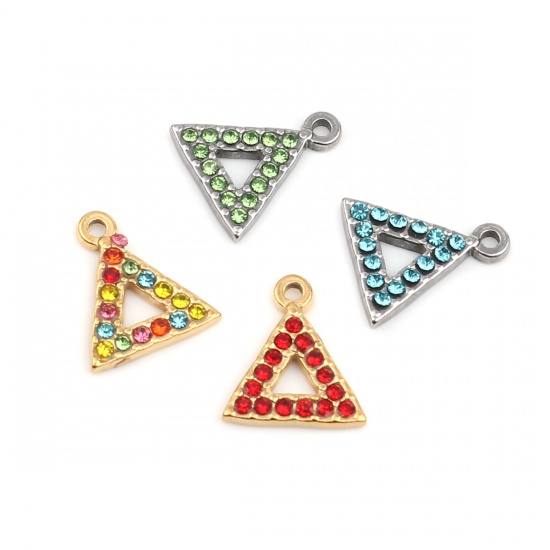 Picture of 304 Stainless Steel Charms Triangle Silver Tone Green Rhinestone 15mm x 13mm, 2 PCs