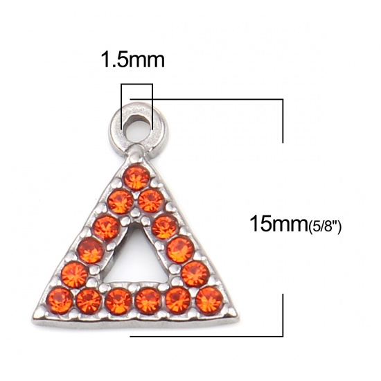 Picture of 304 Stainless Steel Charms Triangle Silver Tone Orange-red Rhinestone 15mm x 13mm, 2 PCs