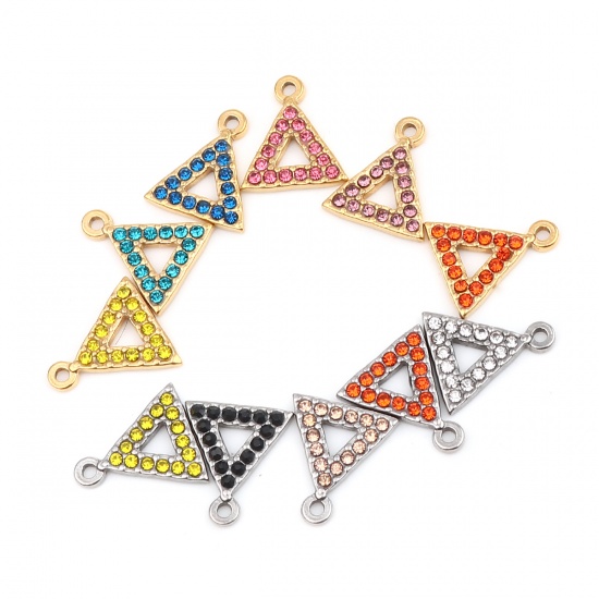 Picture of 304 Stainless Steel Charms Triangle Silver Tone Orange-red Rhinestone 15mm x 13mm, 2 PCs
