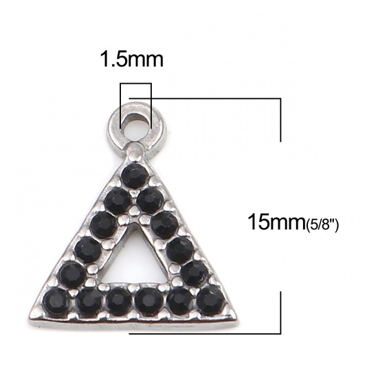 Picture of 304 Stainless Steel Charms Triangle Silver Tone Black Rhinestone 15mm x 13mm, 2 PCs