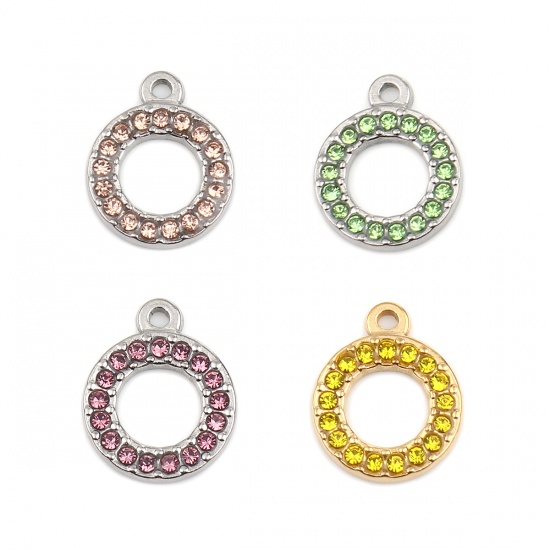 Picture of 304 Stainless Steel Charms Circle Ring Silver Tone Green Rhinestone 16mm x 13mm, 2 PCs