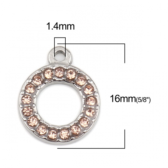 Picture of 304 Stainless Steel Charms Circle Ring Silver Tone Light Orange Rhinestone 16mm x 13mm, 2 PCs