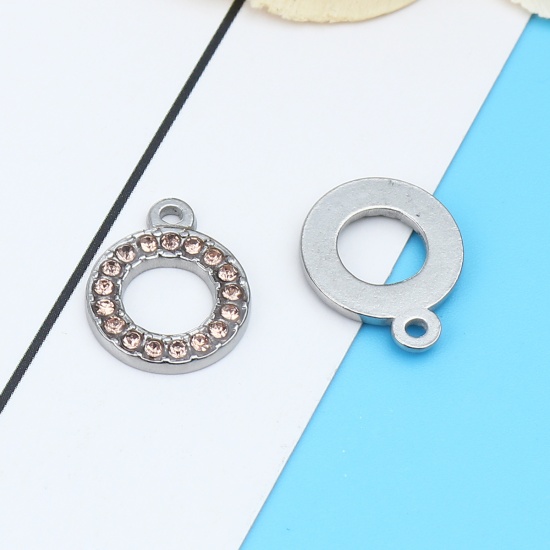 Picture of 304 Stainless Steel Charms Circle Ring Silver Tone Light Orange Rhinestone 16mm x 13mm, 2 PCs