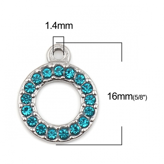 Picture of 304 Stainless Steel Charms Circle Ring Silver Tone Lake Blue Rhinestone 16mm x 13mm, 2 PCs