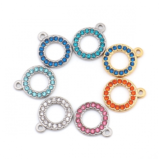 Picture of 304 Stainless Steel Charms Circle Ring Silver Tone Pink Rhinestone 16mm x 13mm, 2 PCs