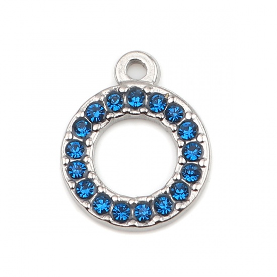 Picture of 304 Stainless Steel Charms Circle Ring Silver Tone Dark Blue Rhinestone 16mm x 13mm, 2 PCs