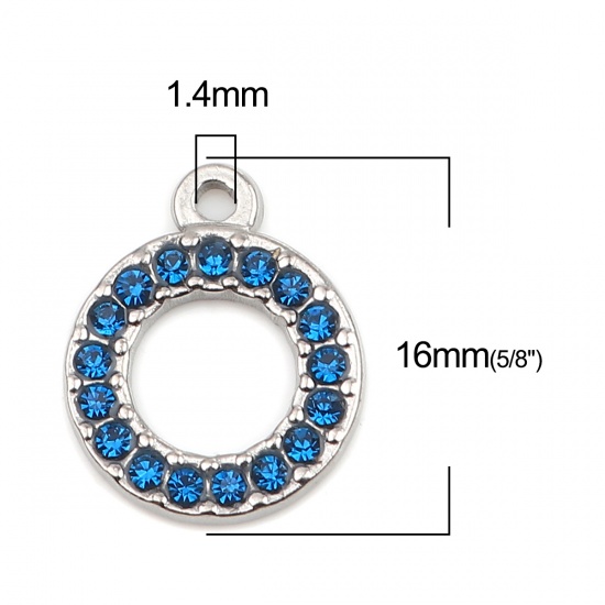 Picture of 304 Stainless Steel Charms Circle Ring Silver Tone Dark Blue Rhinestone 16mm x 13mm, 2 PCs
