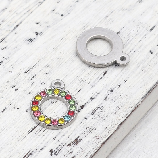 Picture of 304 Stainless Steel Charms Circle Ring Silver Tone Multicolor Rhinestone 16mm x 13mm, 2 PCs