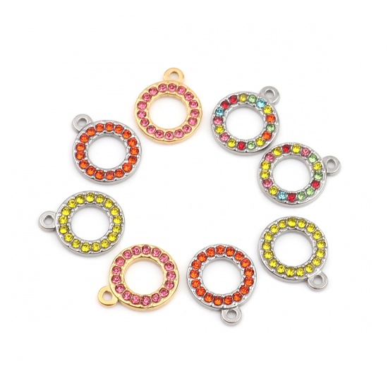 Picture of 304 Stainless Steel Charms Circle Ring Silver Tone Multicolor Rhinestone 16mm x 13mm, 2 PCs