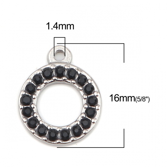 Picture of 304 Stainless Steel Charms Circle Ring Silver Tone Black Rhinestone 16mm x 13mm, 2 PCs