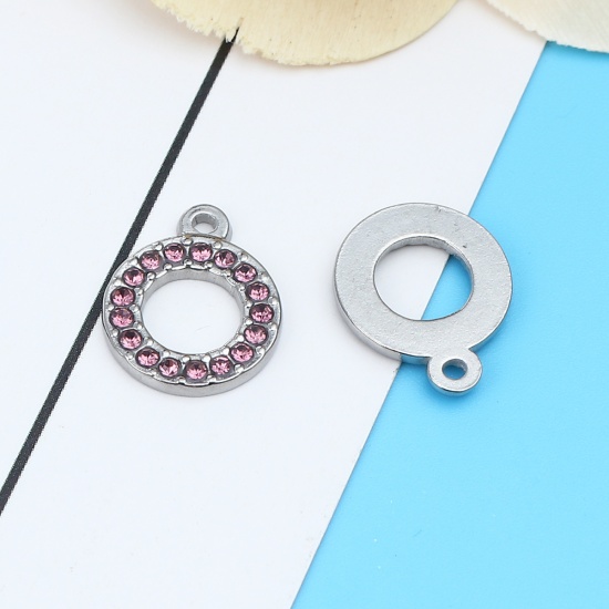 Picture of 304 Stainless Steel Charms Circle Ring Silver Tone Pale Lilac Rhinestone 16mm x 13mm, 2 PCs