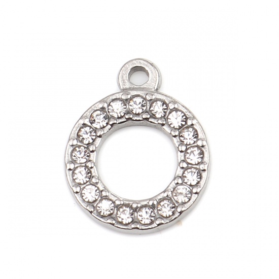 Picture of 304 Stainless Steel Charms Circle Ring Silver Tone Clear Rhinestone 16mm x 13mm, 2 PCs