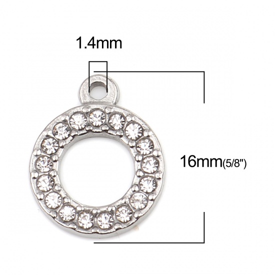 Picture of 304 Stainless Steel Charms Circle Ring Silver Tone Clear Rhinestone 16mm x 13mm, 2 PCs