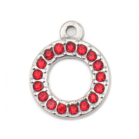 Picture of 304 Stainless Steel Charms Circle Ring Silver Tone Red Rhinestone 16mm x 13mm, 2 PCs