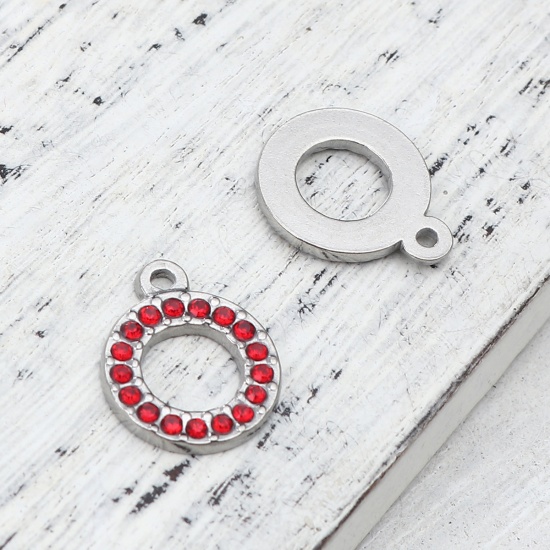 Picture of 304 Stainless Steel Charms Circle Ring Silver Tone Red Rhinestone 16mm x 13mm, 2 PCs