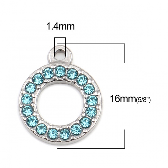 Picture of 304 Stainless Steel Charms Circle Ring Silver Tone Light Blue Rhinestone 16mm x 13mm, 2 PCs