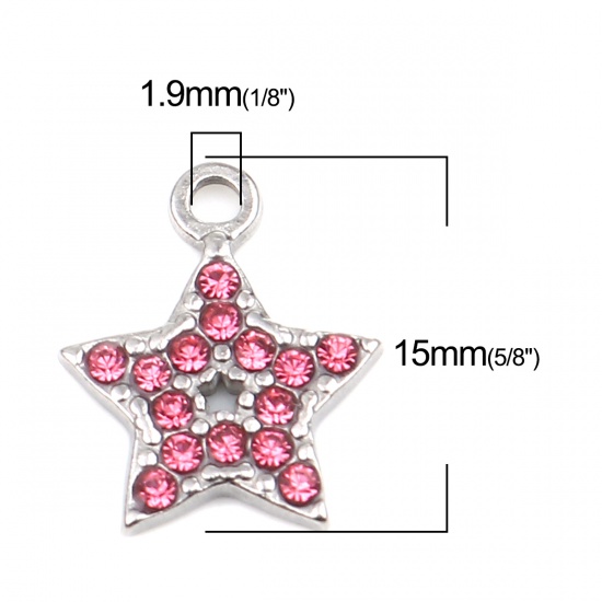 Imagen de 304 Acero Inoxidable Colgantes Charms Estrellas de cinco puntos Tono de Plata Rosa Rhinestone 15mm x 12mm, 2 Unidades