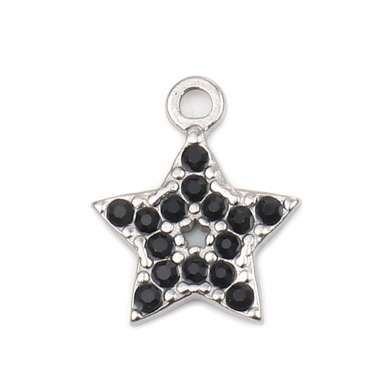 Imagen de 304 Acero Inoxidable Colgantes Charms Estrellas de cinco puntos Tono de Plata Negro Rhinestone 15mm x 12mm, 2 Unidades