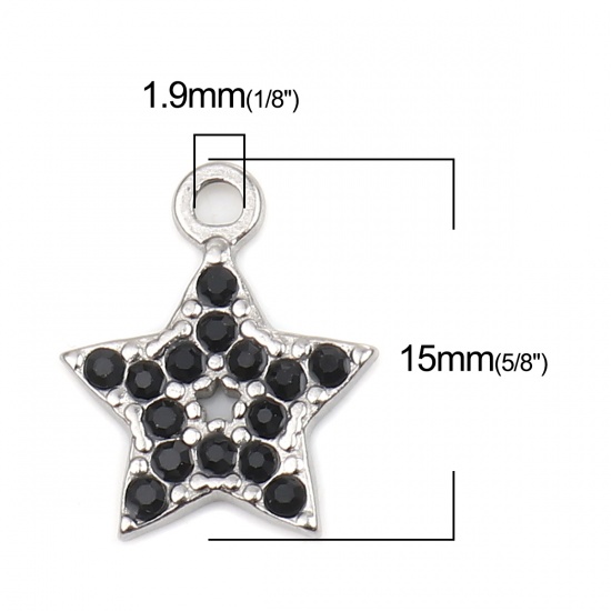 Imagen de 304 Acero Inoxidable Colgantes Charms Estrellas de cinco puntos Tono de Plata Negro Rhinestone 15mm x 12mm, 2 Unidades