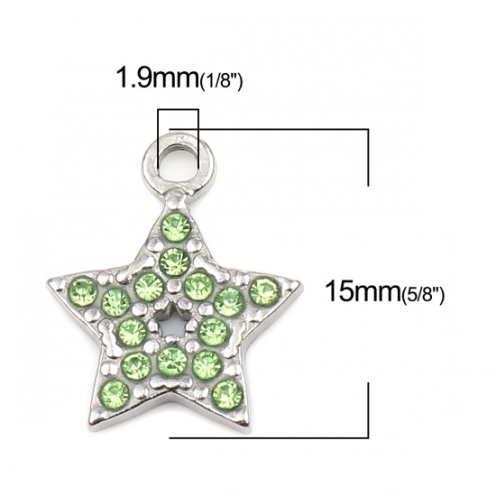 Imagen de 304 Acero Inoxidable Colgantes Charms Estrellas de cinco puntos Tono de Plata Verde Rhinestone 15mm x 12mm, 2 Unidades