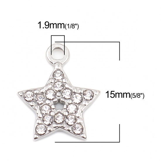 Imagen de 304 Acero Inoxidable Colgantes Charms Estrellas de cinco puntos Tono de Plata Transparente Rhinestone 15mm x 12mm, 2 Unidades