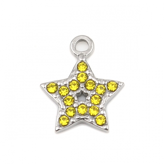 Imagen de 304 Acero Inoxidable Colgantes Charms Estrellas de cinco puntos Tono de Plata Amarillo Rhinestone 15mm x 12mm, 2 Unidades
