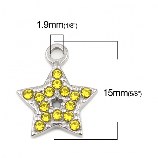 Imagen de 304 Acero Inoxidable Colgantes Charms Estrellas de cinco puntos Tono de Plata Amarillo Rhinestone 15mm x 12mm, 2 Unidades