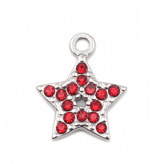 Imagen de 304 Acero Inoxidable Colgantes Charms Estrellas de cinco puntos Tono de Plata Rojo Rhinestone 15mm x 12mm, 2 Unidades
