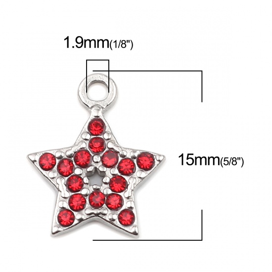 Imagen de 304 Acero Inoxidable Colgantes Charms Estrellas de cinco puntos Tono de Plata Rojo Rhinestone 15mm x 12mm, 2 Unidades