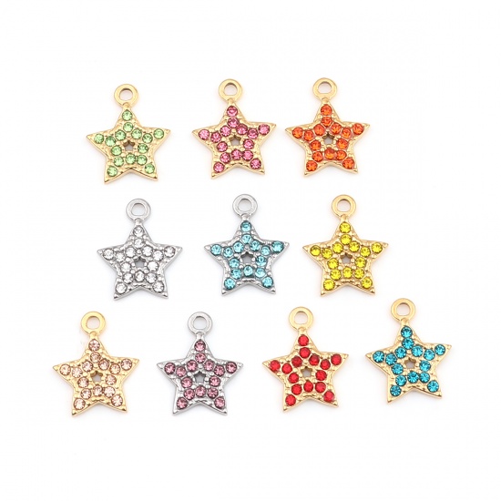 Imagen de 304 Acero Inoxidable Colgantes Charms Estrellas de cinco puntos Tono de Plata Lila Rhinestone 15mm x 12mm, 2 Unidades