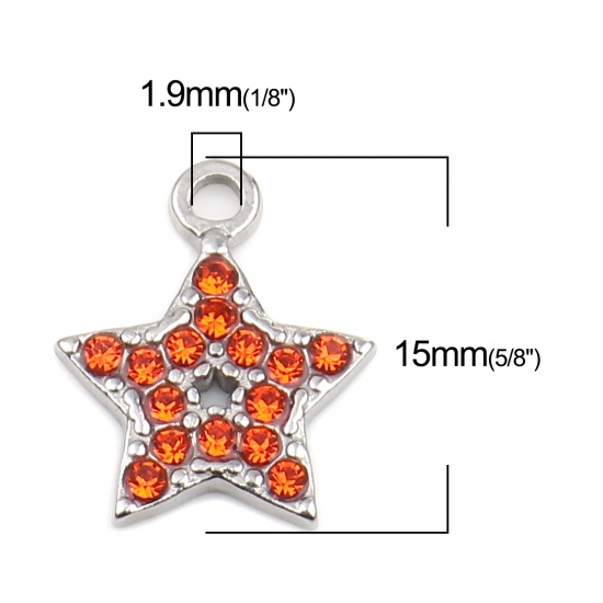 Imagen de 304 Acero Inoxidable Colgantes Charms Estrellas de cinco puntos Tono de Plata Naranja-rojo Rhinestone 15mm x 12mm, 2 Unidades