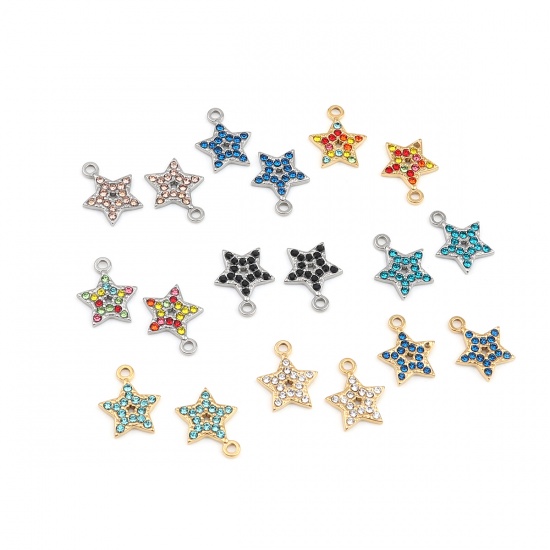 Imagen de 304 Acero Inoxidable Colgantes Charms Estrellas de cinco puntos Tono de Plata Multicolor Rhinestone 15mm x 12mm, 2 Unidades