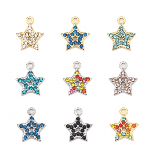 Imagen de 304 Acero Inoxidable Colgantes Charms Estrellas de cinco puntos Tono de Plata Multicolor Rhinestone 15mm x 12mm, 2 Unidades
