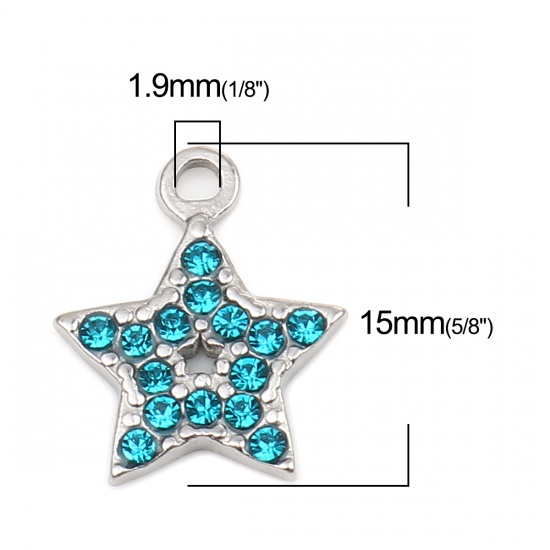Imagen de 304 Acero Inoxidable Colgantes Charms Estrellas de cinco puntos Tono de Plata Azul del lago Rhinestone 15mm x 12mm, 2 Unidades