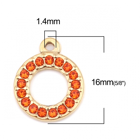 Immagine di 304 Acciaio Inossidabile Charms Anello Oro Placcato Arancione-Rosso Strass 16mm x 13mm, 2 Pz