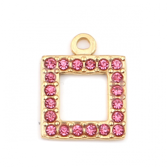 Picture of 304 Stainless Steel Charms Square Gold Plated Pink Rhinestone 16mm x 13mm, 2 PCs