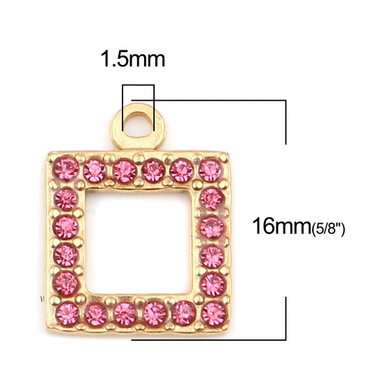 Picture of 304 Stainless Steel Charms Square Gold Plated Pink Rhinestone 16mm x 13mm, 2 PCs