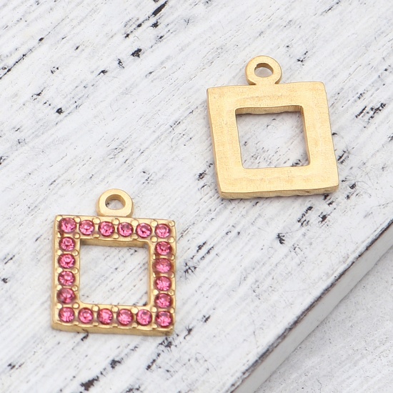 Picture of 304 Stainless Steel Charms Square Gold Plated Pink Rhinestone 16mm x 13mm, 2 PCs