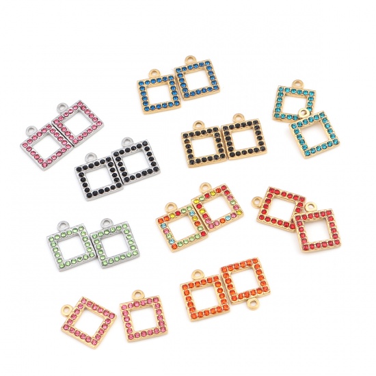 Picture of 304 Stainless Steel Charms Square Gold Plated Pink Rhinestone 16mm x 13mm, 2 PCs